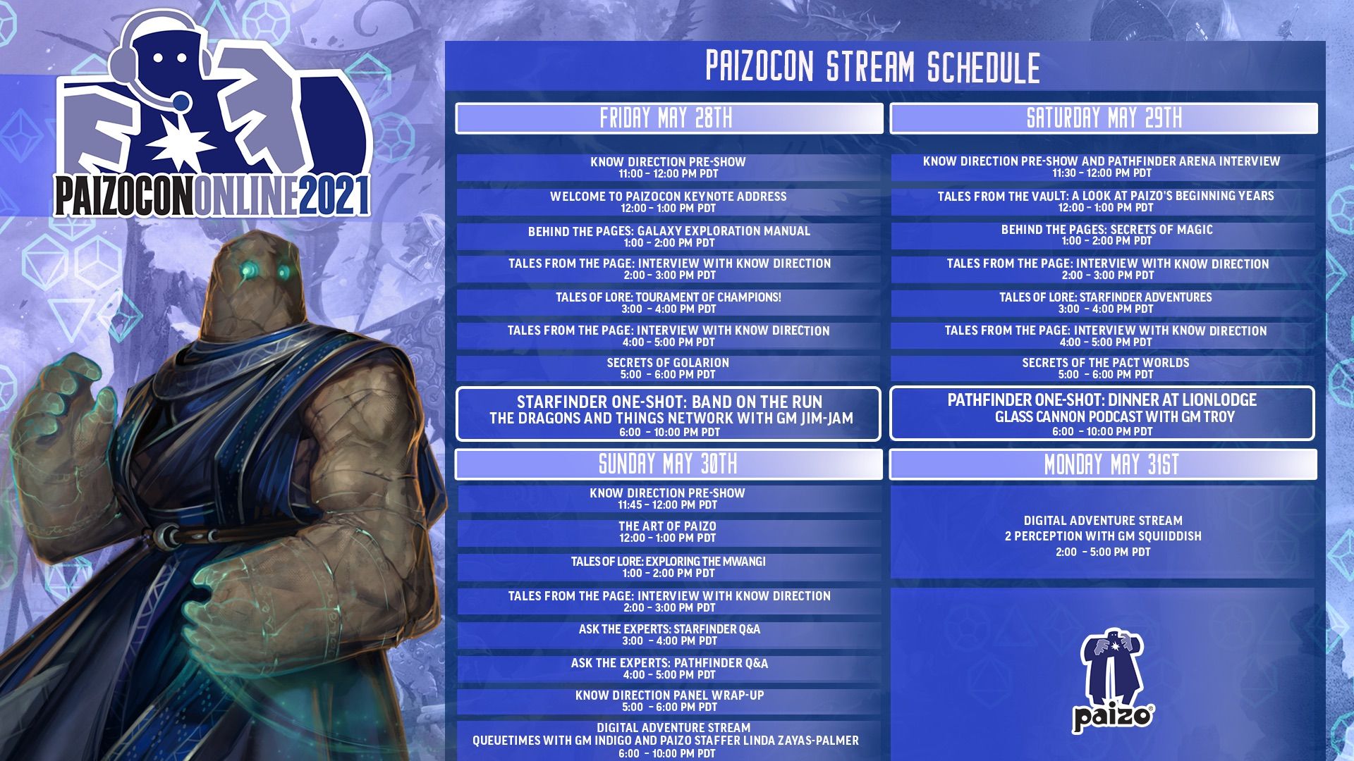 PaizoCon 2021 Twitch Streaming Schedule