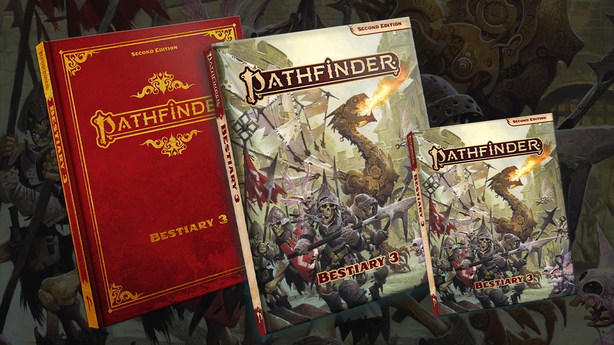 Pathfinder Bestiary three mockups featuring the red hard cover, the classic art hardcover, and the soft cover