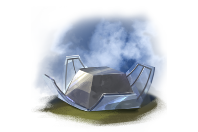 Illustration by Vlada Hladkova: A building in the Sunswept style. It resembles the bottom half of a pyramid surrounded by four glass walls. The walls are curved outward and upward to resemble flower petals.