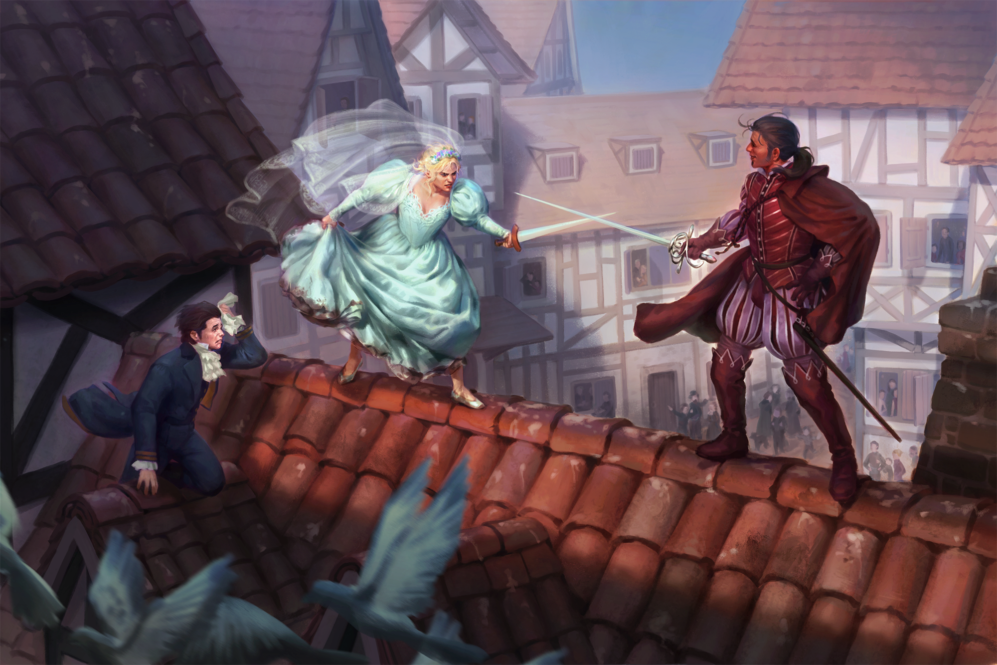 A blonde woman in a wedding dress sword fighting a dapper dressed man on a city roof