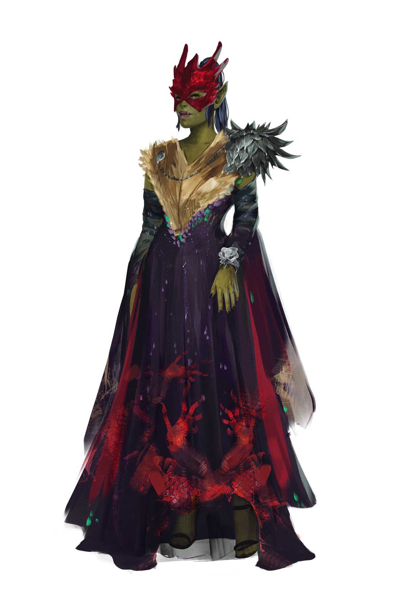 A half-orc celebrant of Allbirth. She’s dressed in an elegant dress with a bloodstain pattern across the bottom and is wearing an elaborate mask.