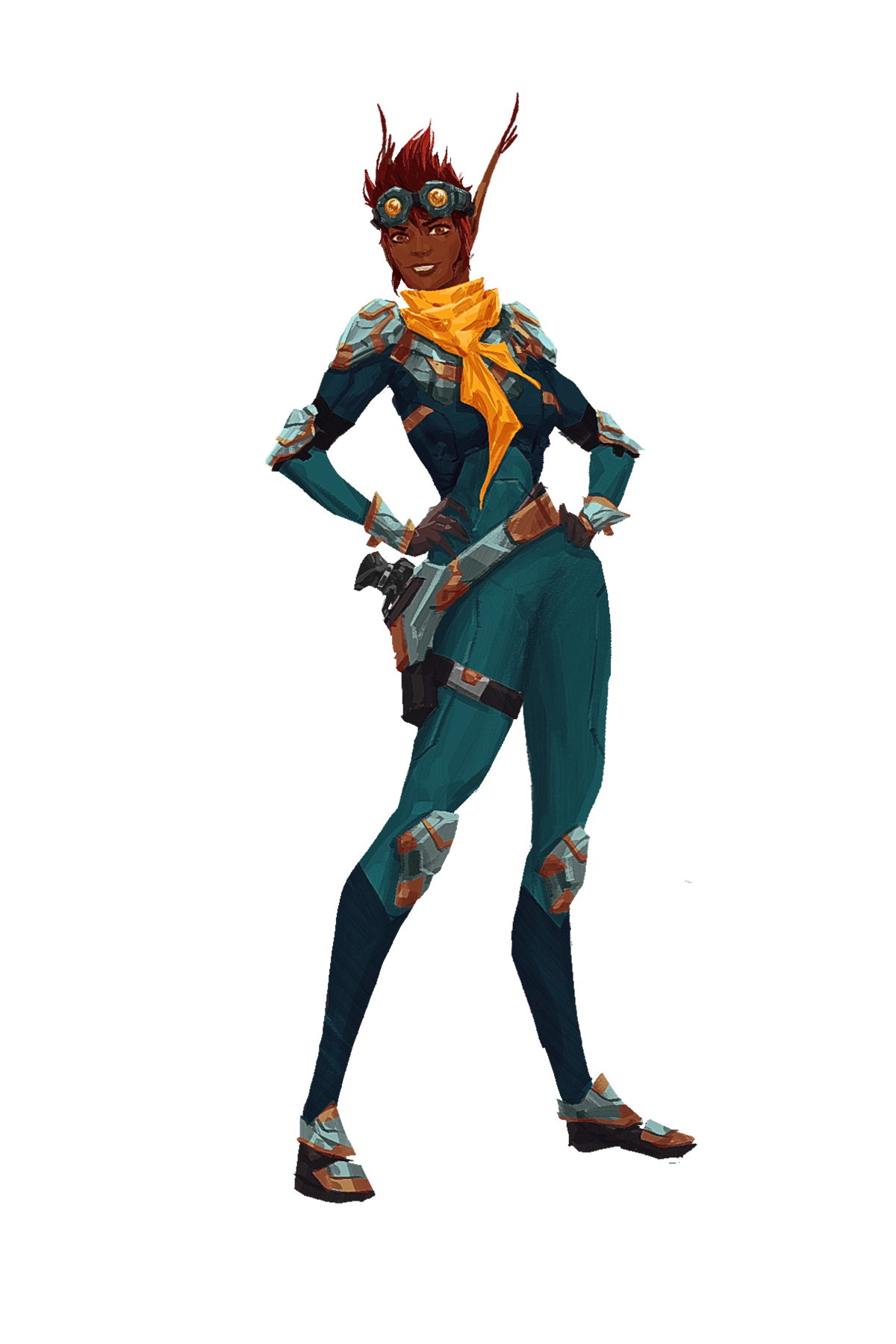 A dark skinned humanoid with short red hair, stands in a teal jumpsuit with their hands on their hips, and their blaster holstered 