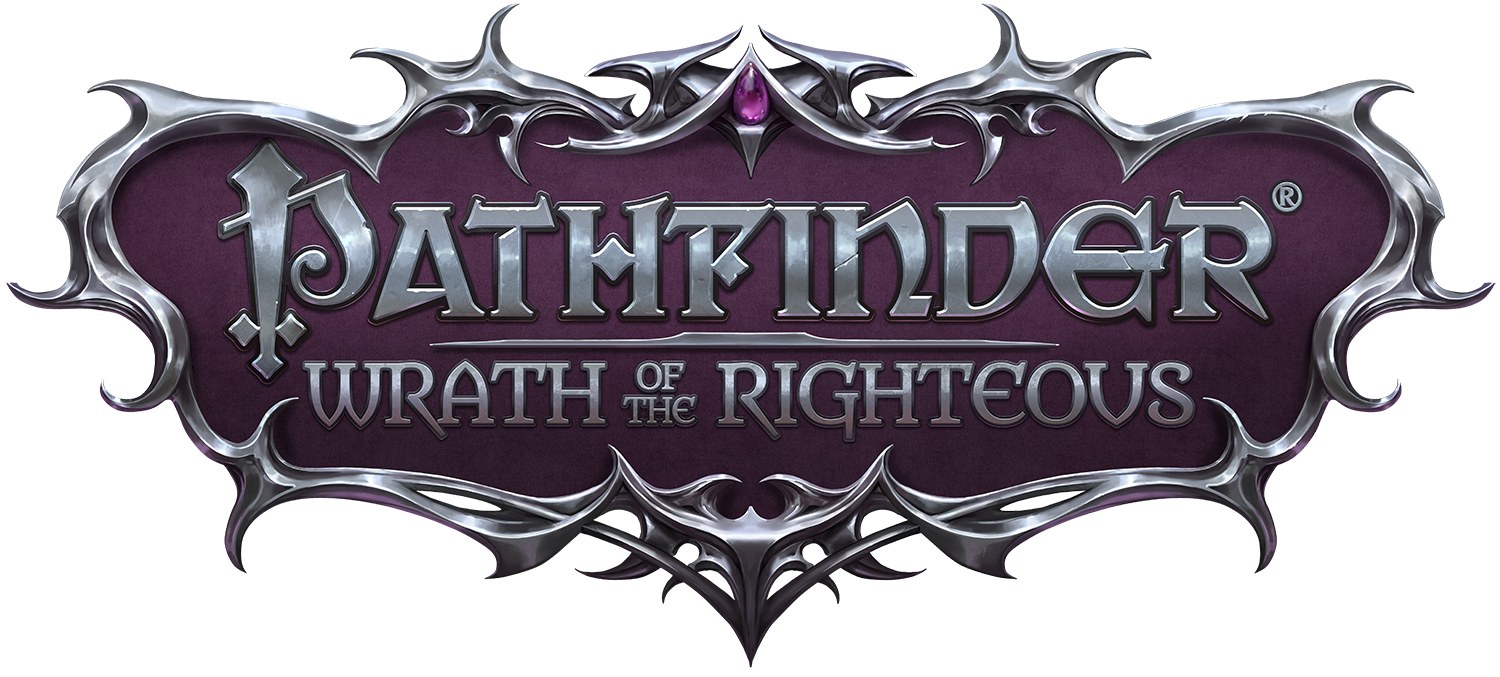 Pathfinder Wrath of the Righteous logo silver text on purple background