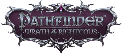 Pathfinder Wrath of the Righteous logo silver text on purple background