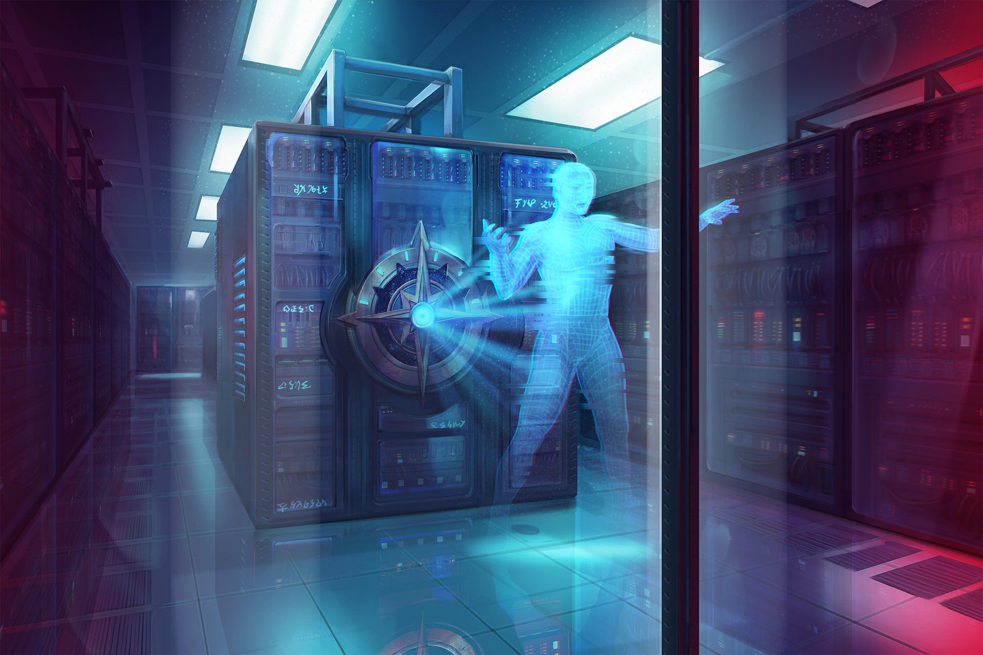 A blue humanoid shaped hologram coming out of a computer server