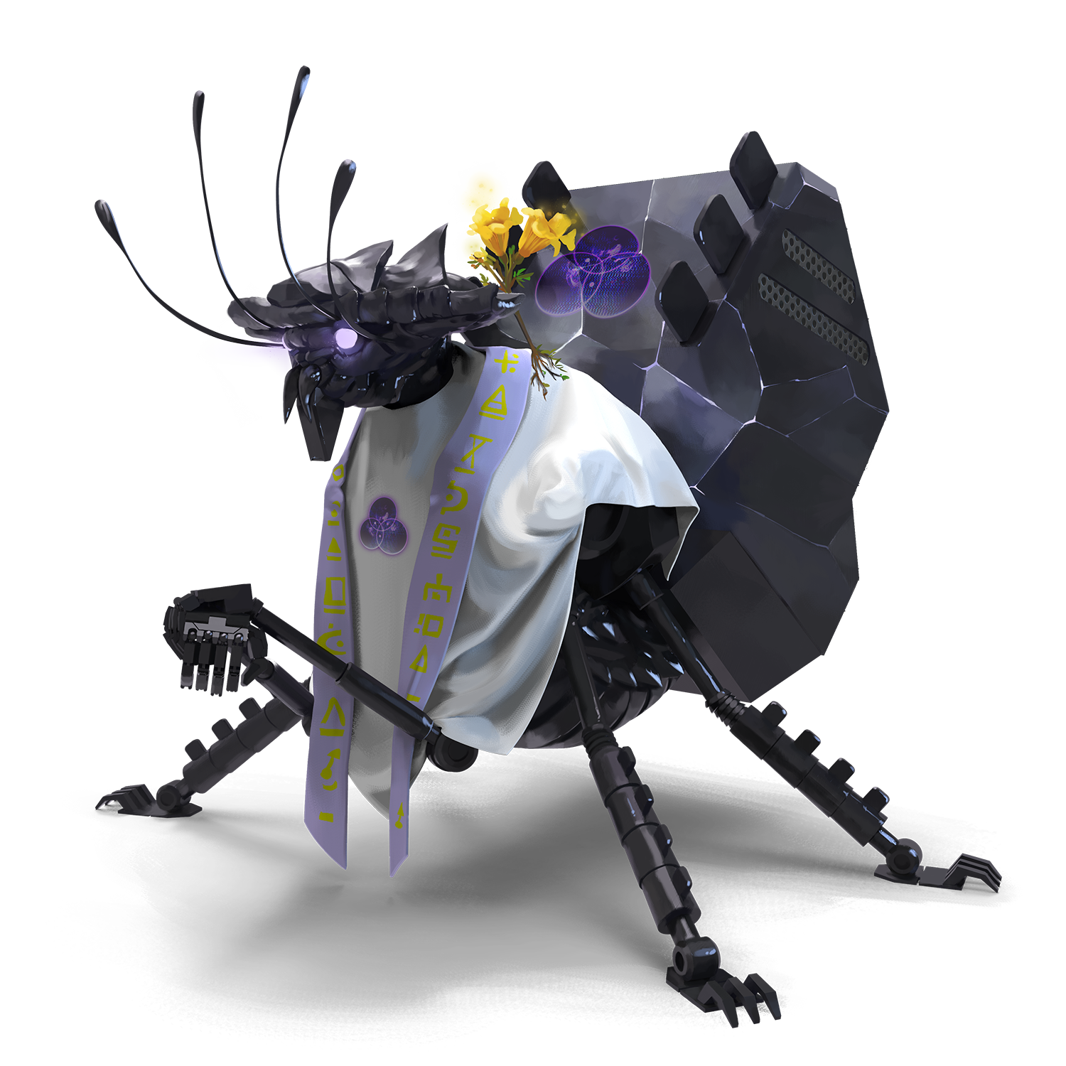Triunite Priest. An insectlike robot standing on four legs with a white robe over its torso