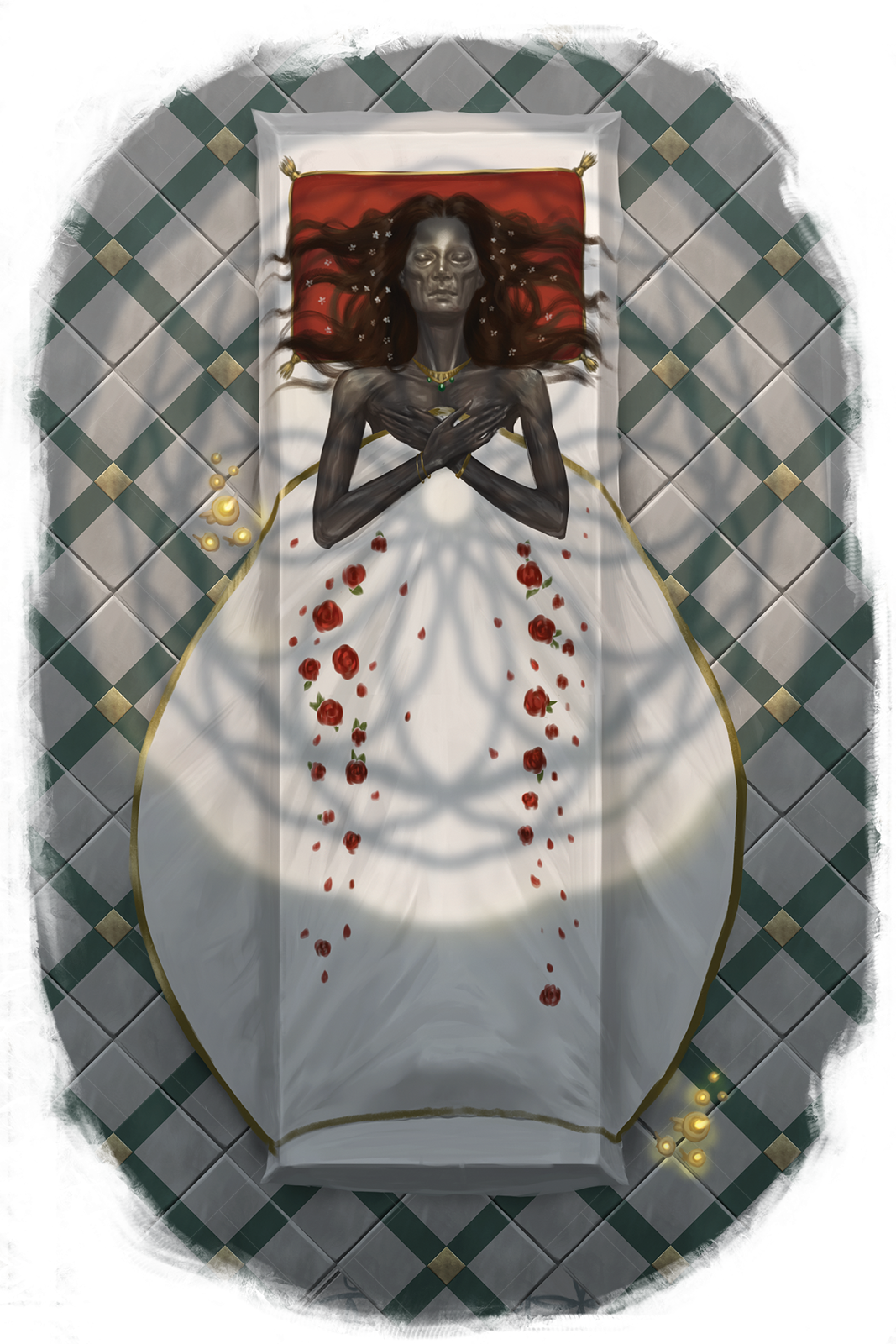 The Maid of Anactoria: a mummified body laying on a stone table with a white sheet and roses over the top of them