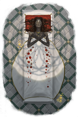 The Maid of Anactoria: a mummified body laying on a stone table with a white sheet and roses over the top of them
