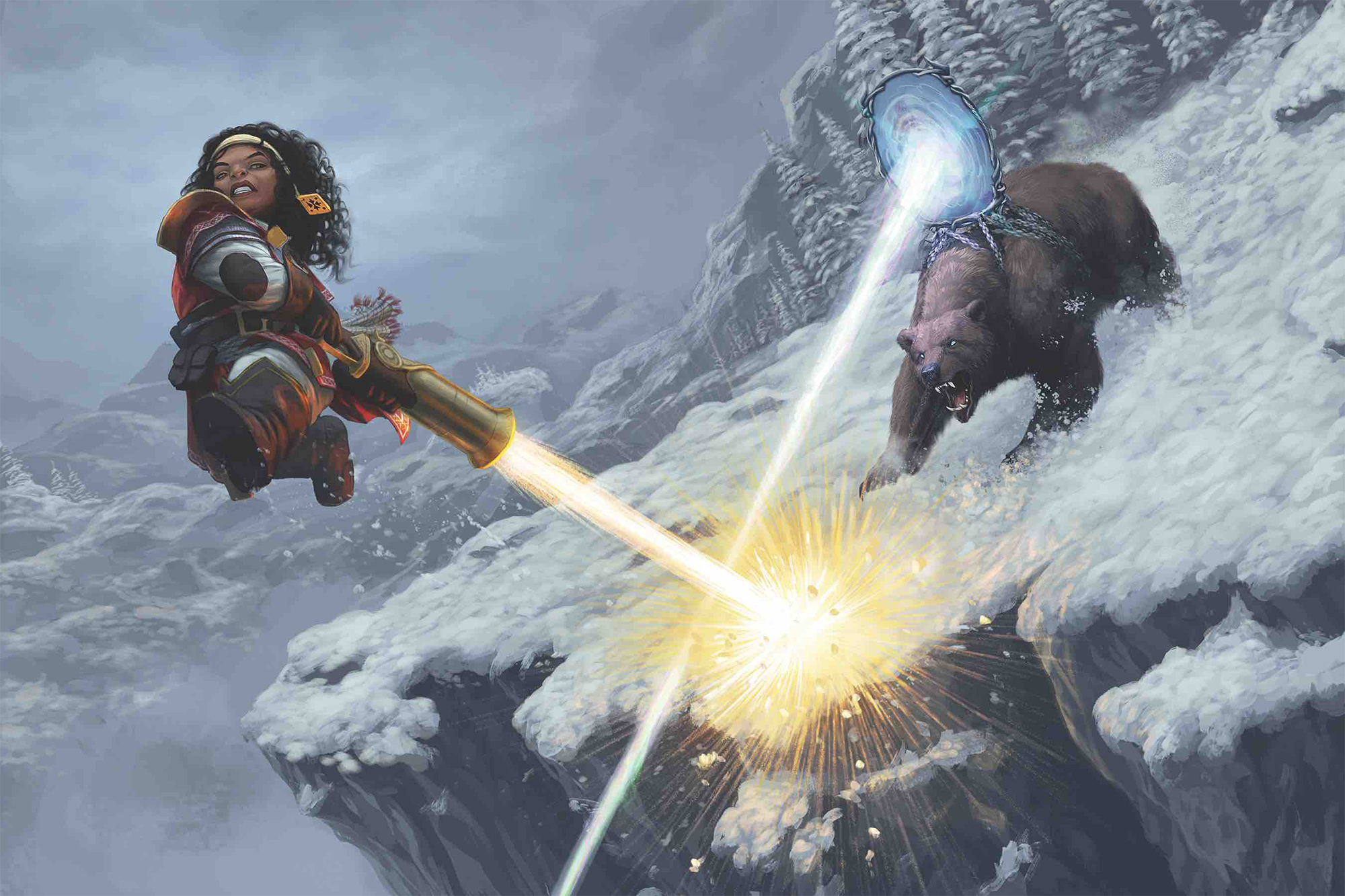 The iconic gunslinger leaps off the edge of a snowy cliff, propelled by a blast of her scattergun pointed at the ground. She barely dodges a blast of energy fired from a magical mirror strapped to a bear’s back