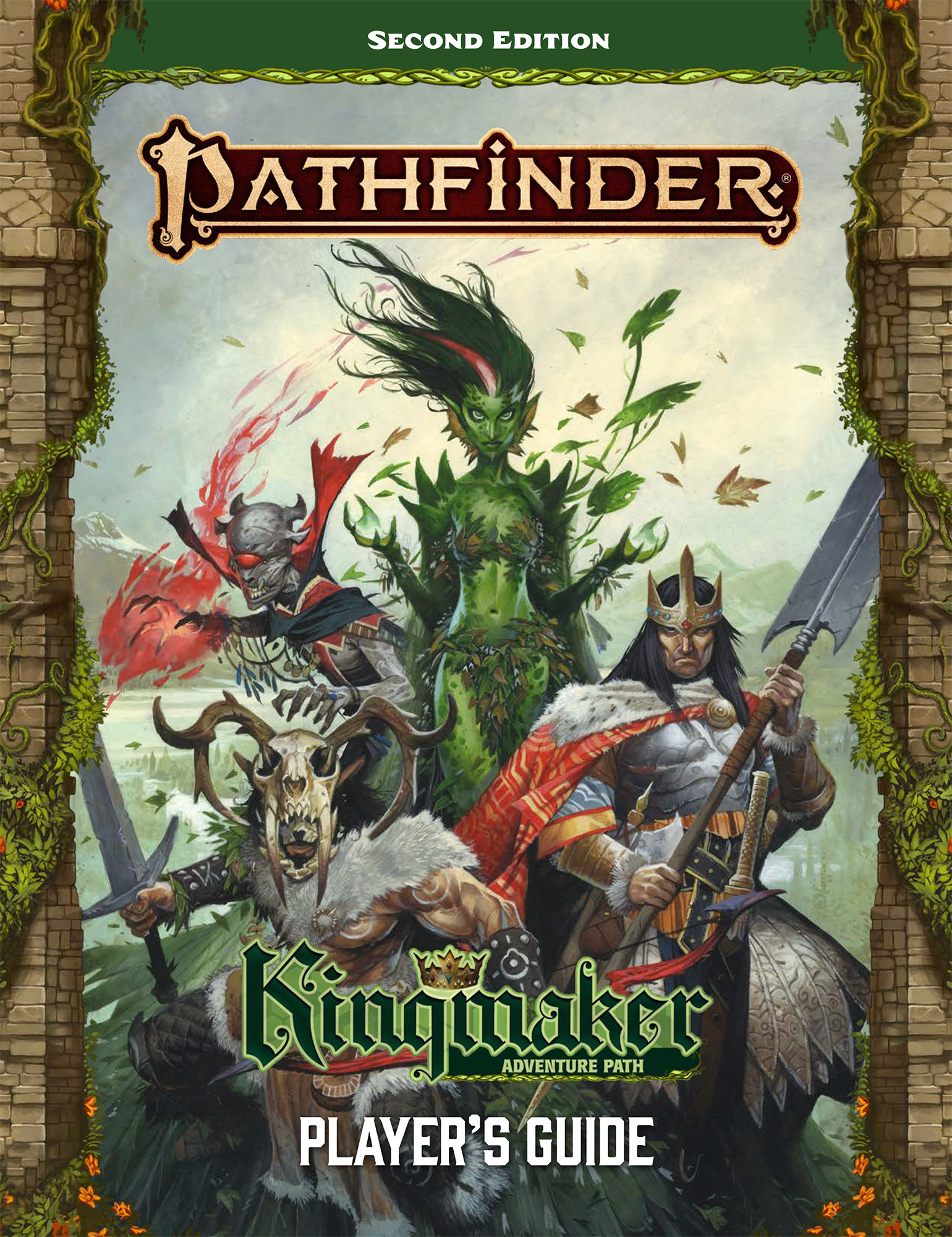 Pathfinder Kingmaker Player's Guide Cover. Three figures face the viewer, on the left a red eyed cyclops lichee, in the middle a green plantlike woman, and a human king holding a halberd