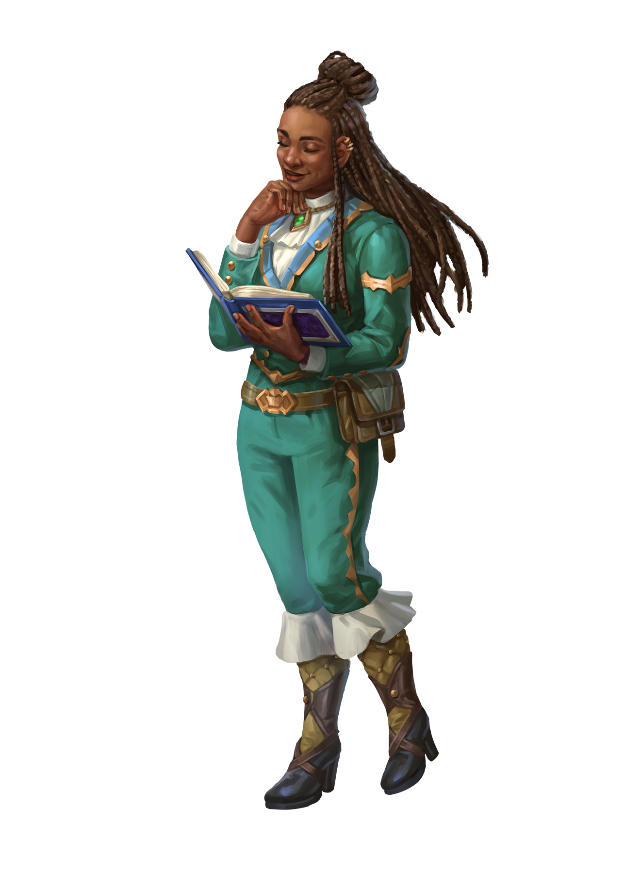 A dark skinned young woman dressed in teal with gold trim, reading from a book
