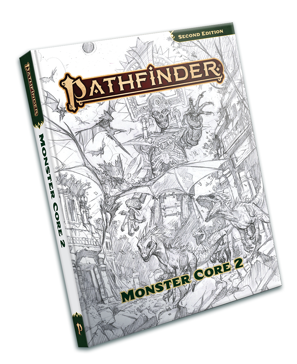 Pathfinder Second Edition Monster Core 2: The cover art features a sketch illustration of raptors and large bat-like monsters fleeing from an armored skeletal giant looming in the background.
