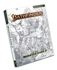Pathfinder Second Edition Monster Core 2: The cover art features a sketch illustration of raptors and large bat-like monsters fleeing from an armored skeletal giant looming in the background.