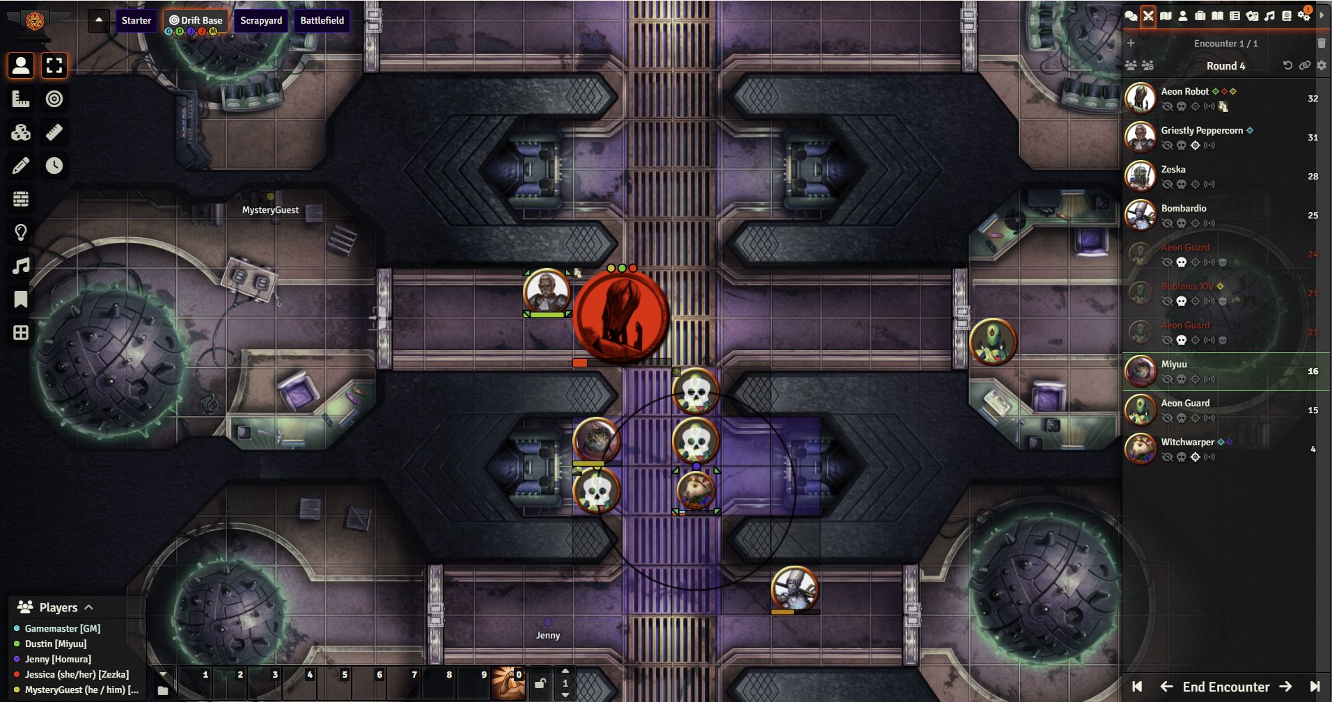 Top down view of virtual tabletop online map featuring an interior walkway with the game UI on the right side of the screen