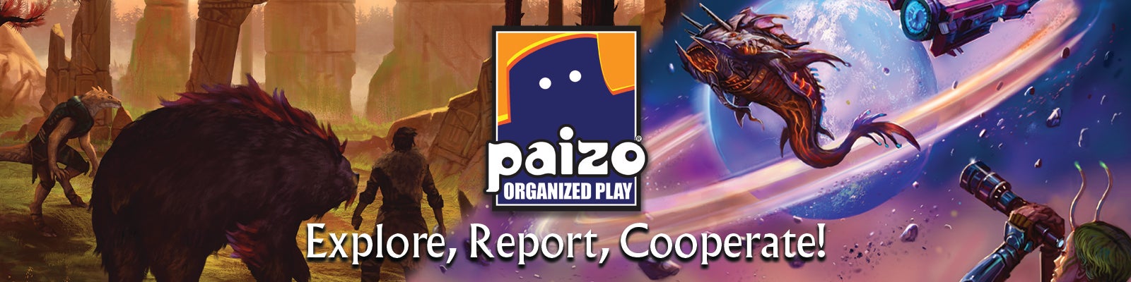 Pathfinder illustration of a bear in the woods and Starfinder Illustration of a ringed planet floating in space behind the Paizo Organized Play logo