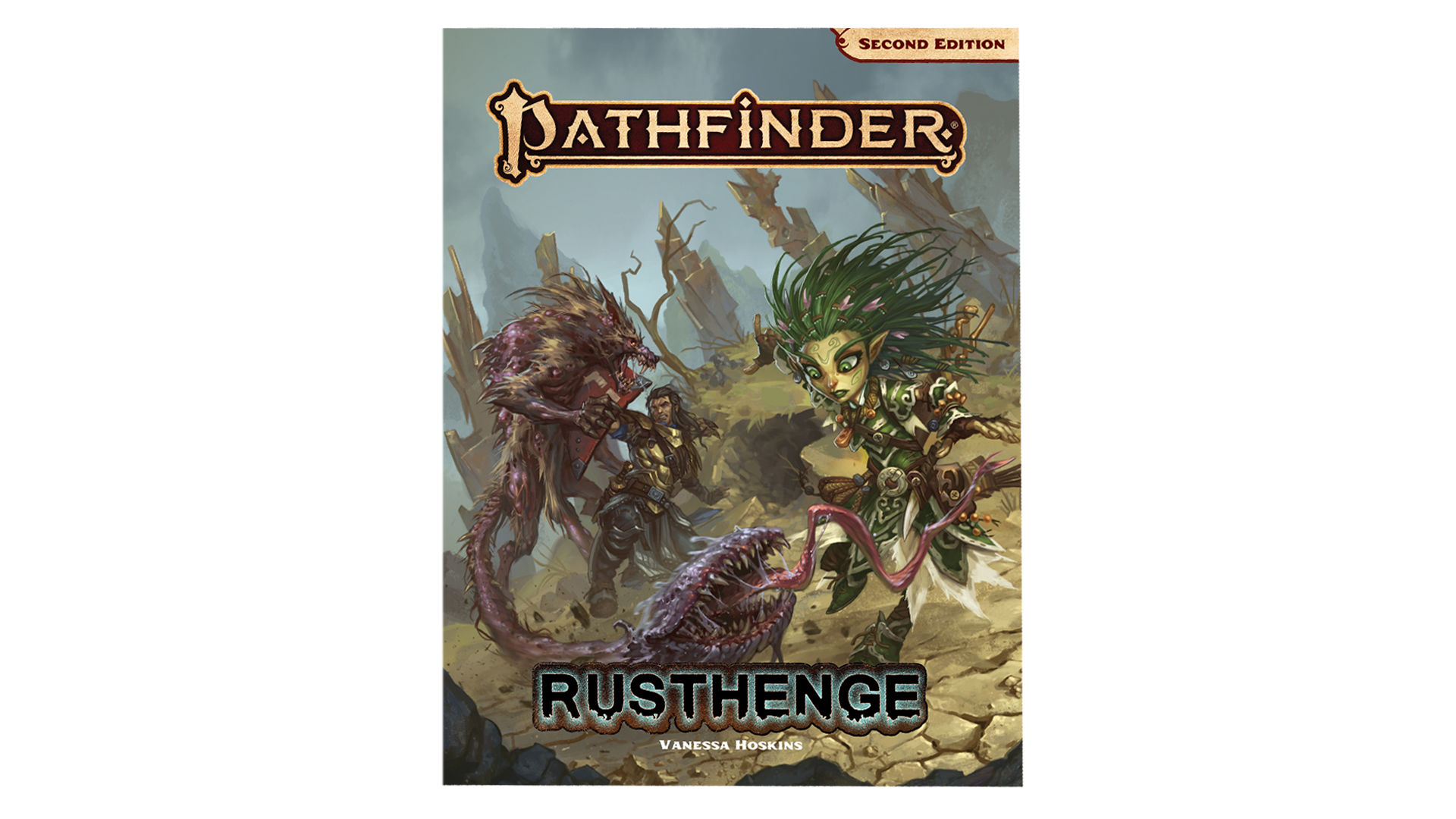 The cover image for Rusthenge, depicting leshy and half-elf adventurers fighting a monster with the body of a werewolf and a Venus flytrap tail.
