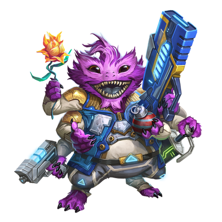 Art by Ksenia Kozhevnikova: A purple skittermander holding firearms in three hands and a flower in a fourth