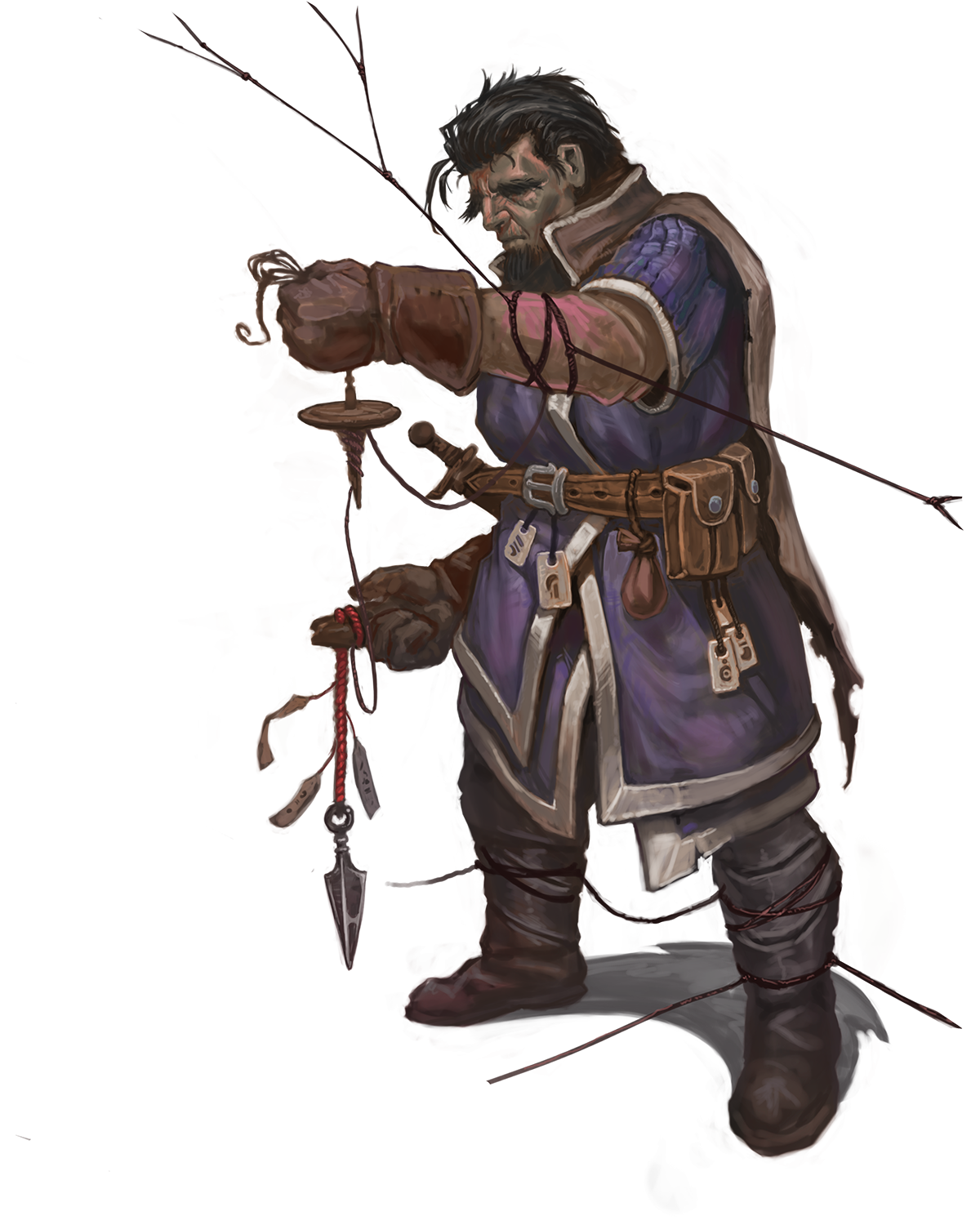 A human man with dark hair and layered purple hunting gear. In one hands he holds a drop spindle, spinning a red rope. In the other hand is a rope dart with the same red rope. Red ropes also attached to his arms and legs lead off in many directions off the page