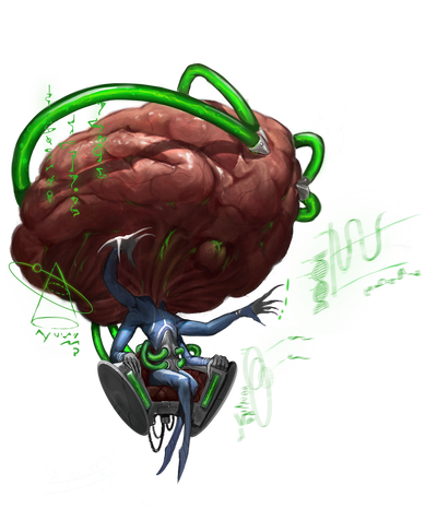 This is a contemplative, an enormous brain with green tubes sticking out of it and an atrophied body dangling below it. The contemplative’s casting a spell that warps reality