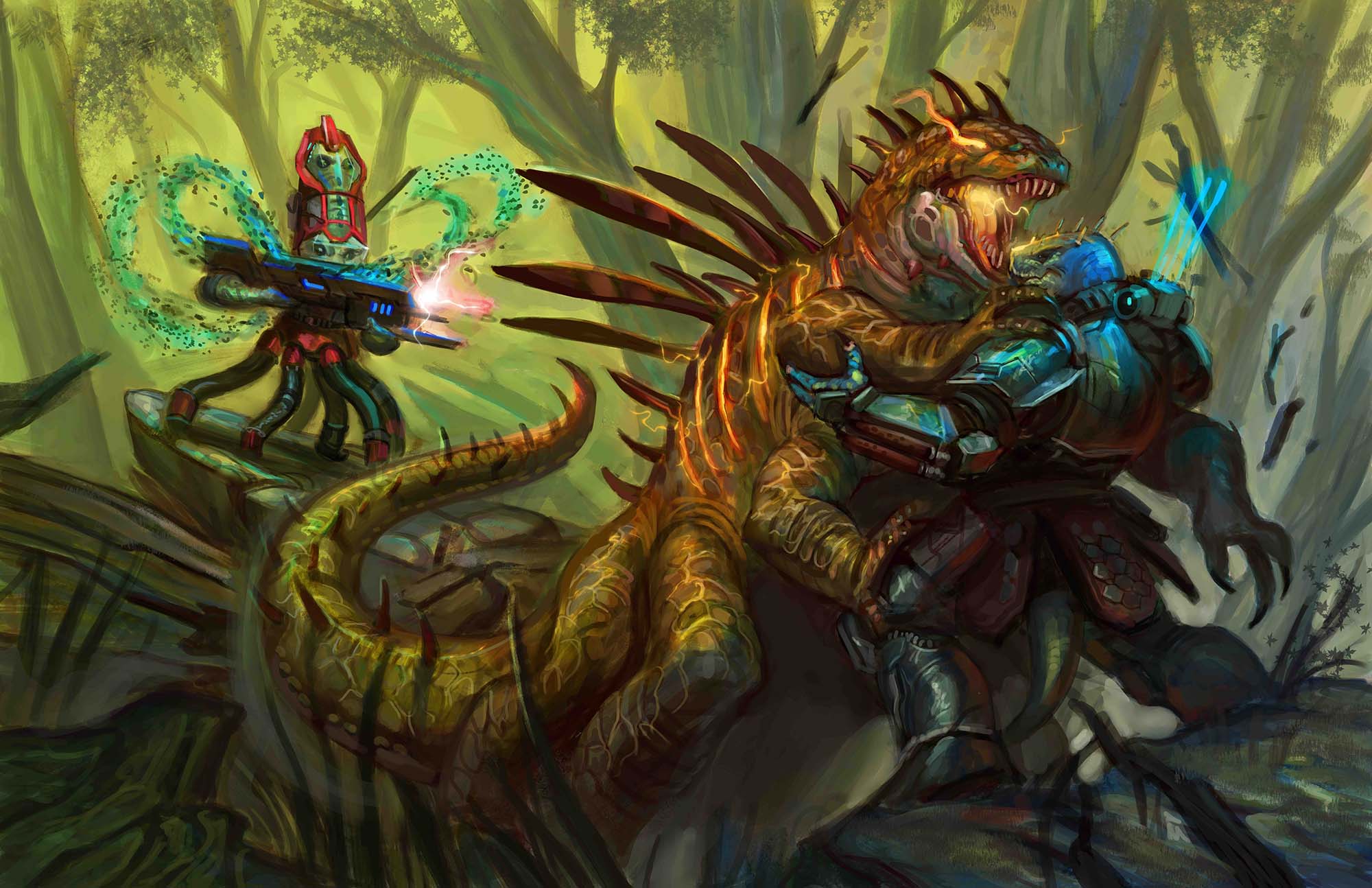 the iconic soldier and iconic nanocyte are battling a large reptile that glows with the color and brightness of plasma