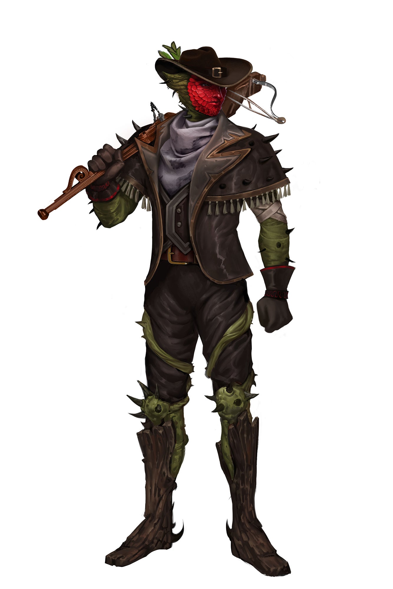 A ghoran with a red petaled face hefts a crossbow over their shoulder