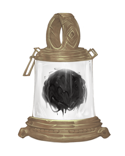 Black Mass, artist Lucas Fernando: A strange floating black mass is contained within a clear jar with a brass locking top and base.