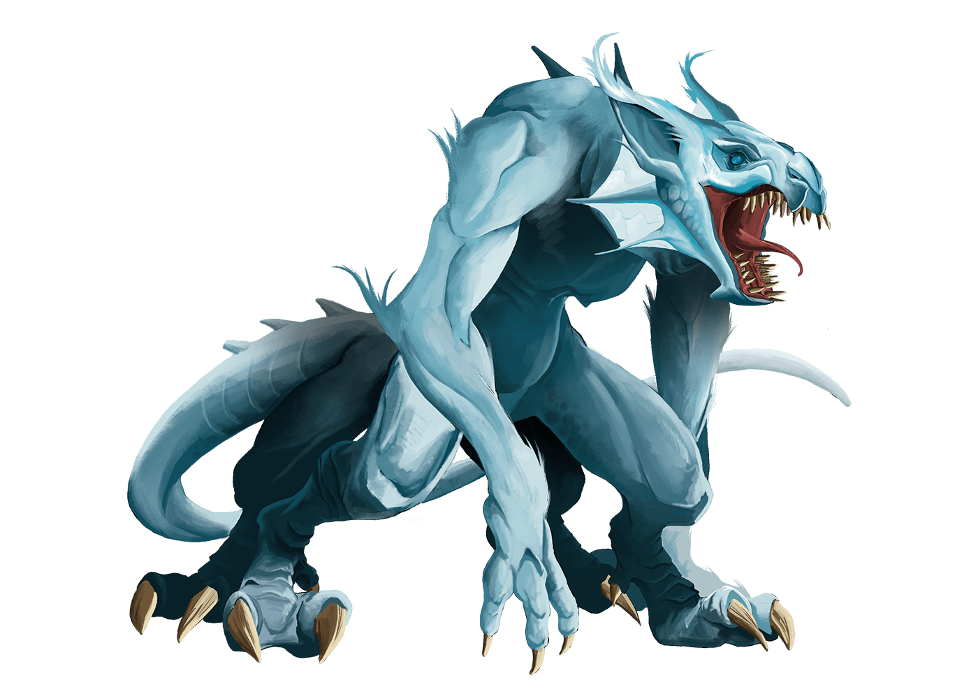 A bipedal draconic monster with sharp claws and large fangs roars in fury.