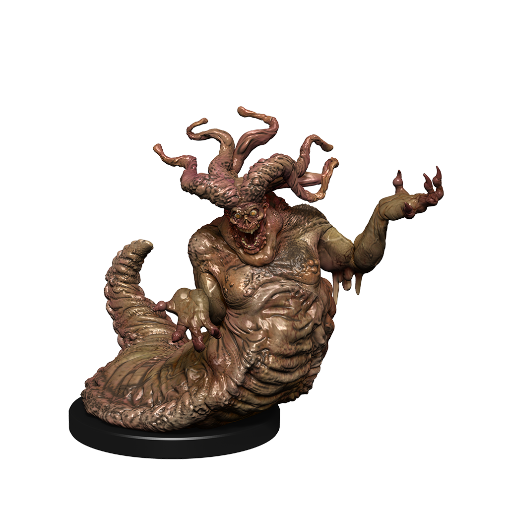 a miniature of a large slug creature with a humanoid torso, arms, and tentacles protruding from its head with a slug-like lower body