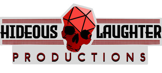 Hideous Laughter productions logo, black text around a skull with the dome shaped like a D-20