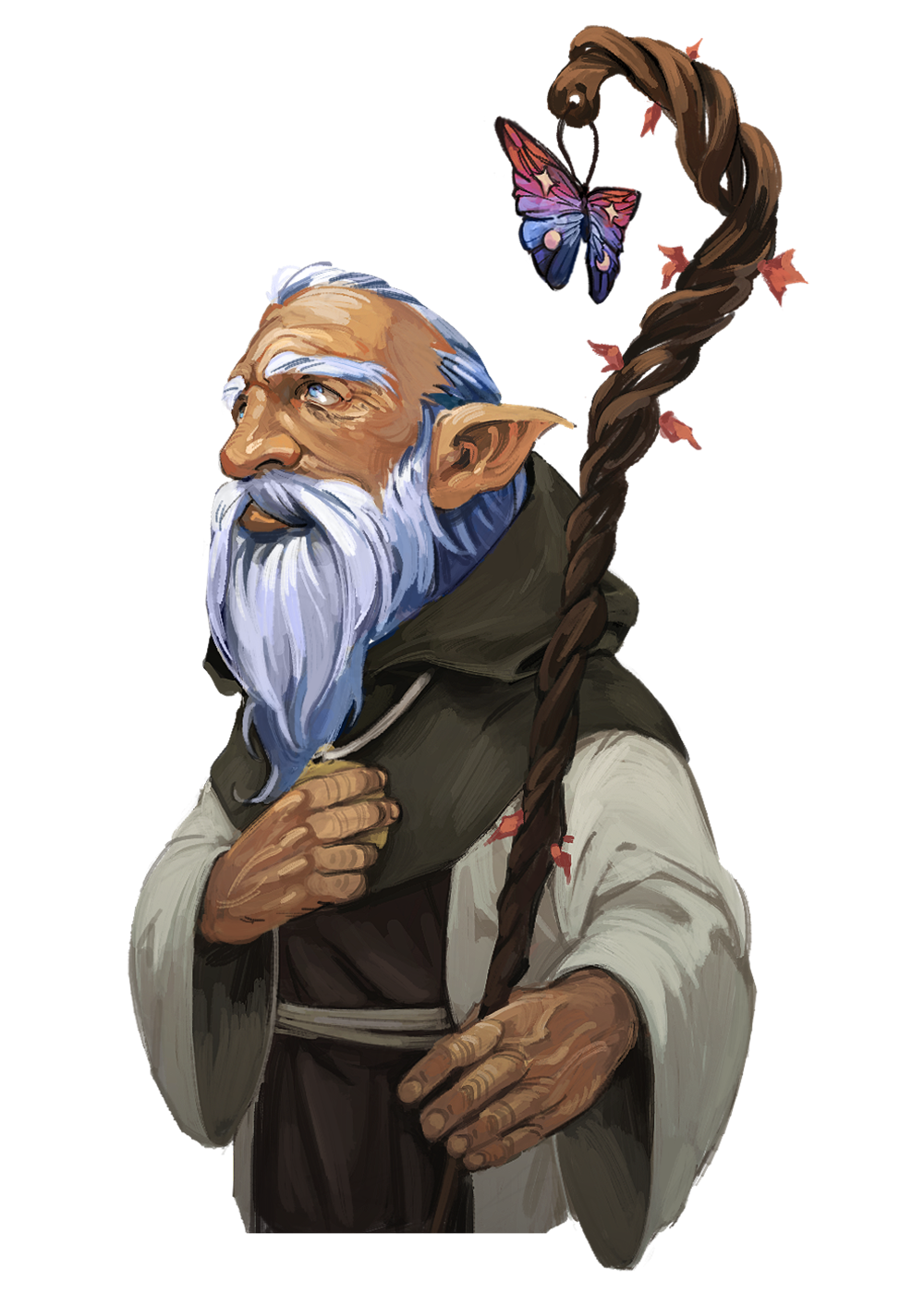 A older gnome holding a staff with a butterfly decoration
