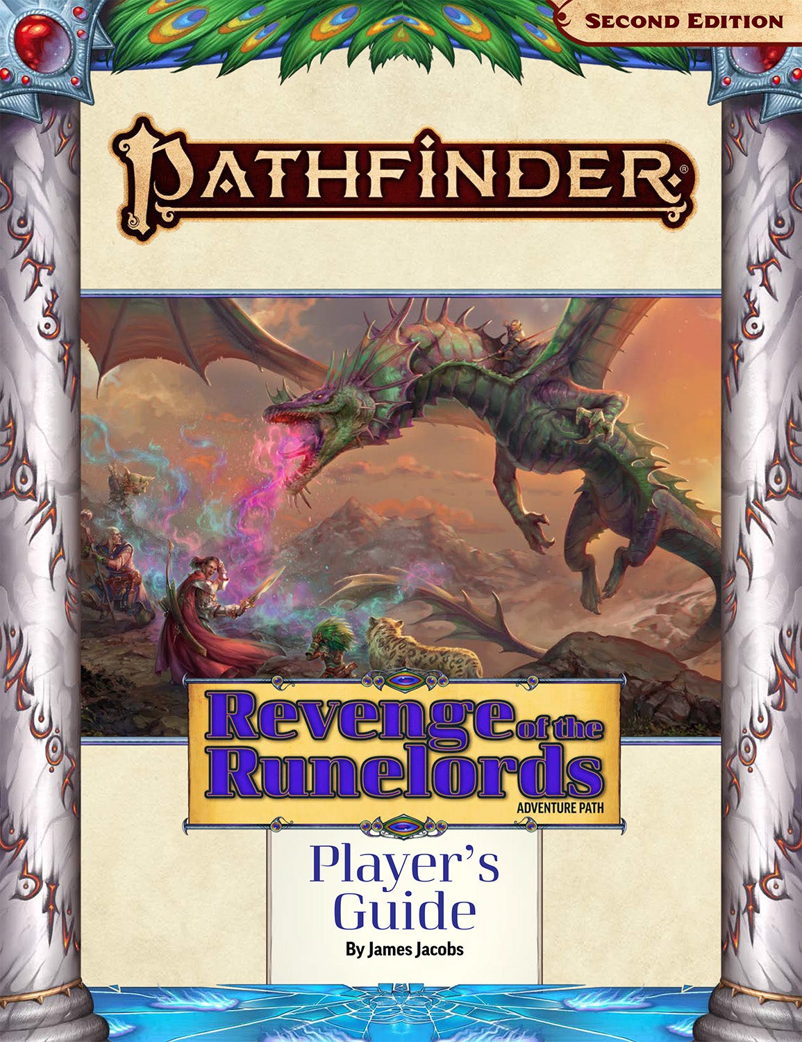 Pathfinder Second Edition Revenge of the Runelords Players Guide Cover: featuring art of the Pathfinder iconic champion, wizard, druid, and alchemist bracing for impact as a large green and purple dragon breaths a colorful miasma break down on them from the air above.