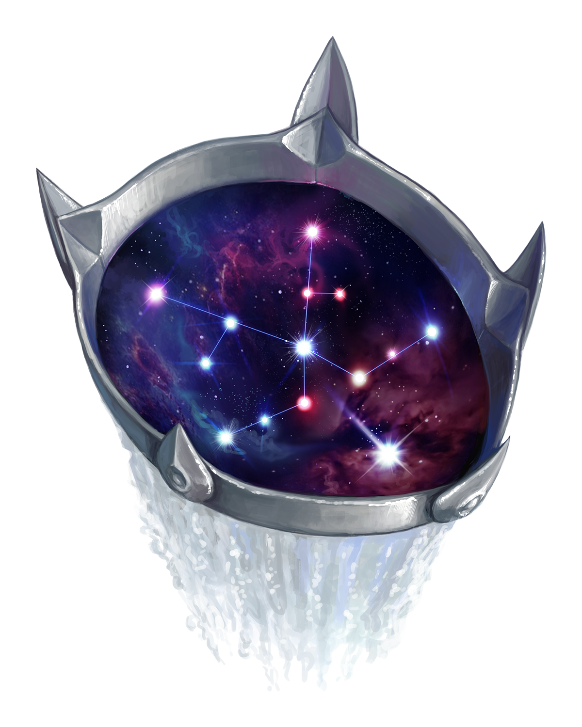 The silver waterfall helm tilts backward, revealing the Glyph of the Open Road constellation within