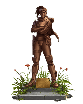 Rasheen Statue, artist Allan Santos da Silva: Bronze statue of a heroic looking Black woman, standing arms crossed with a confident grin on her face. Vines and plants grow over the plaque at the statue’s base.