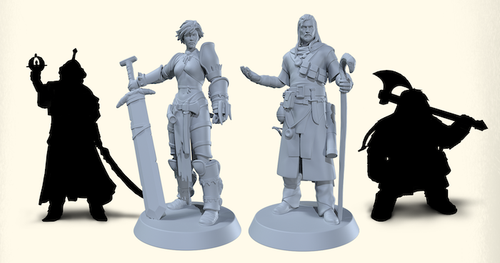 Grey unpainted miniatures of Amiri the iconic barbarian and Ezren the Iconic Wizard