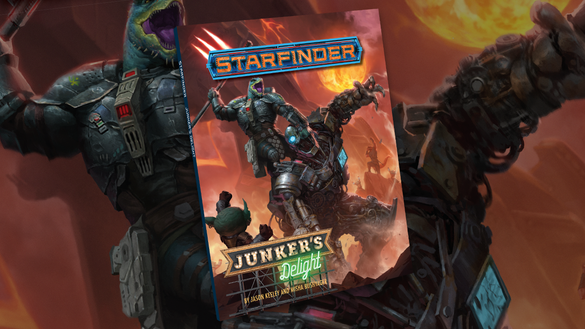 Starfinder Junker's Delight: Starfinder Iconic Soldier, Obozaya the vesk, standing on the back of a large robot, being cheered on by other vesk and goblins