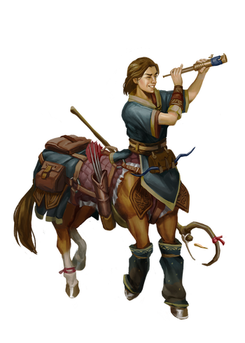 Illustration Gunship Revolution : A full body illustration of the Telero, a centaur scout holding a spyglass