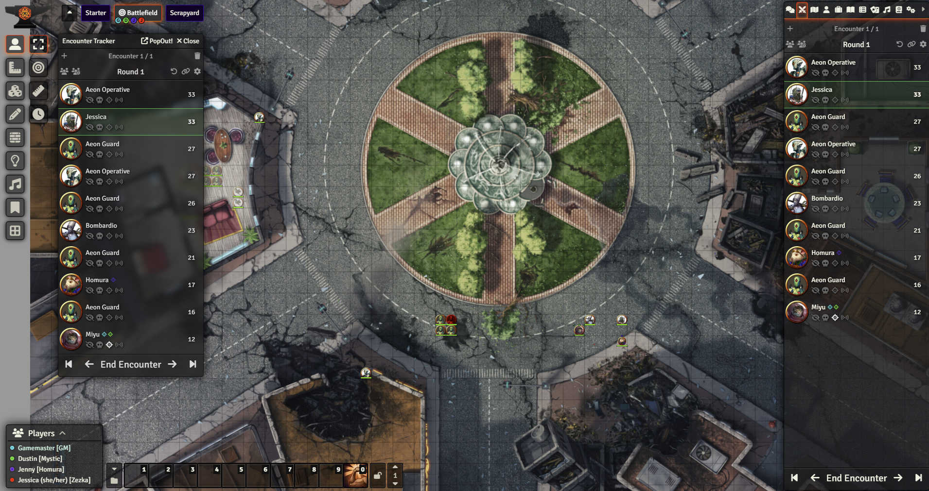Top down view of virtual tabletop online map of a city square