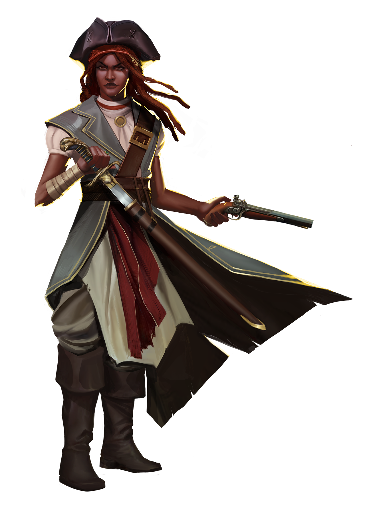A dark skinned pirate wielding a pistol in one hand and a sword in the other