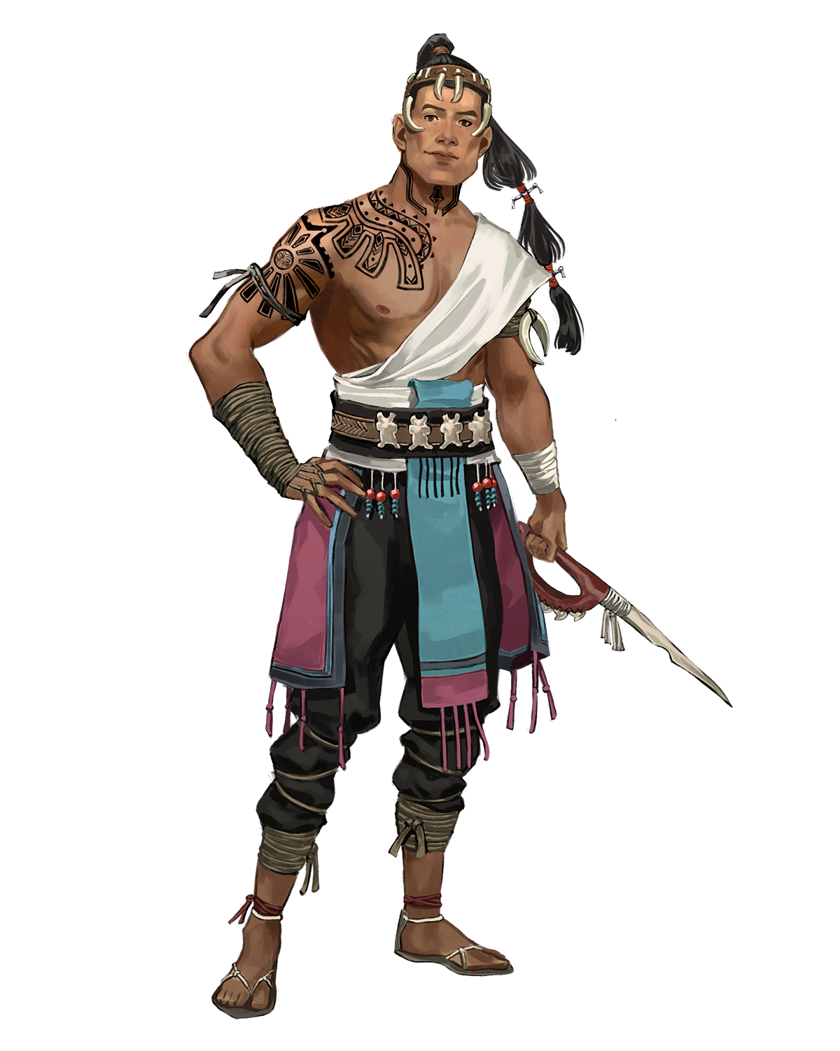 Taiwalei - a human man with dark tan skin and long black hair in a decorative ponytail with geometric black tattoos on his shoulder and arm and a dragon tooth blade in his hand. He looks friendly