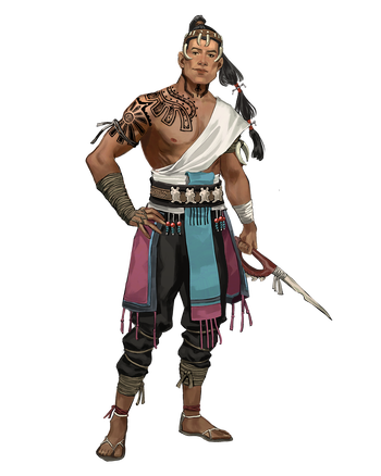 Taiwalei - artist Carol Azevedo : a human man with dark tan skin and long black hair in a decorative ponytail with geometric black tattoos on his shoulder and arm and a dragon tooth blade in his hand. He looks friendly