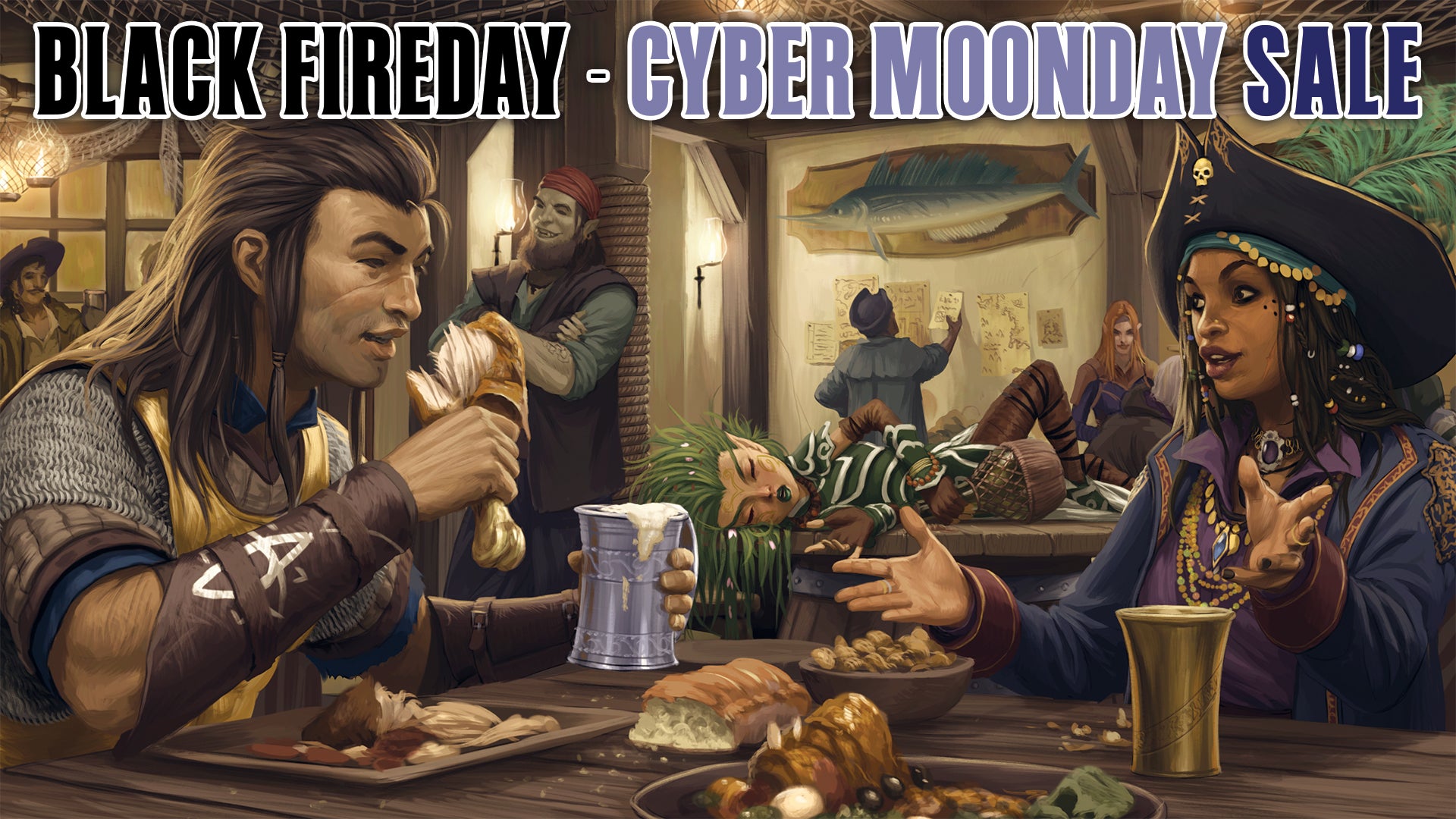 Black Fireday through Cyber Moonday Sale : background art by Roberto Pitturru. Iconic fighter, Valeros, enjoys a meal with a friendly pirate in a tavern