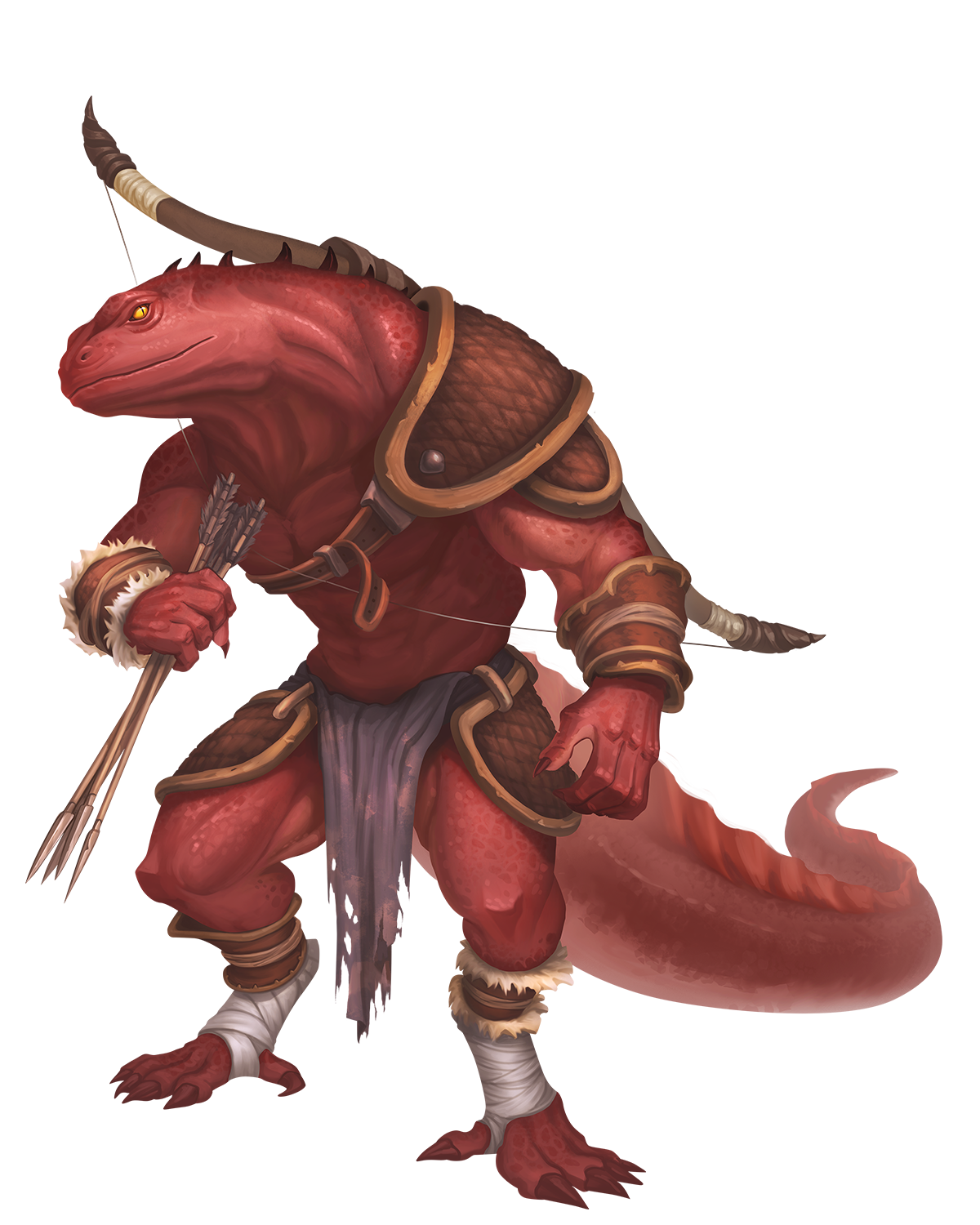 A red scaled lizardfolk grasps some arrows and prepares to lead the way