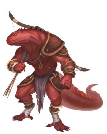 Kazuuk, artist Diego Machuca : A red scaled lizardfolk grasps some arrows and prepares to lead the way