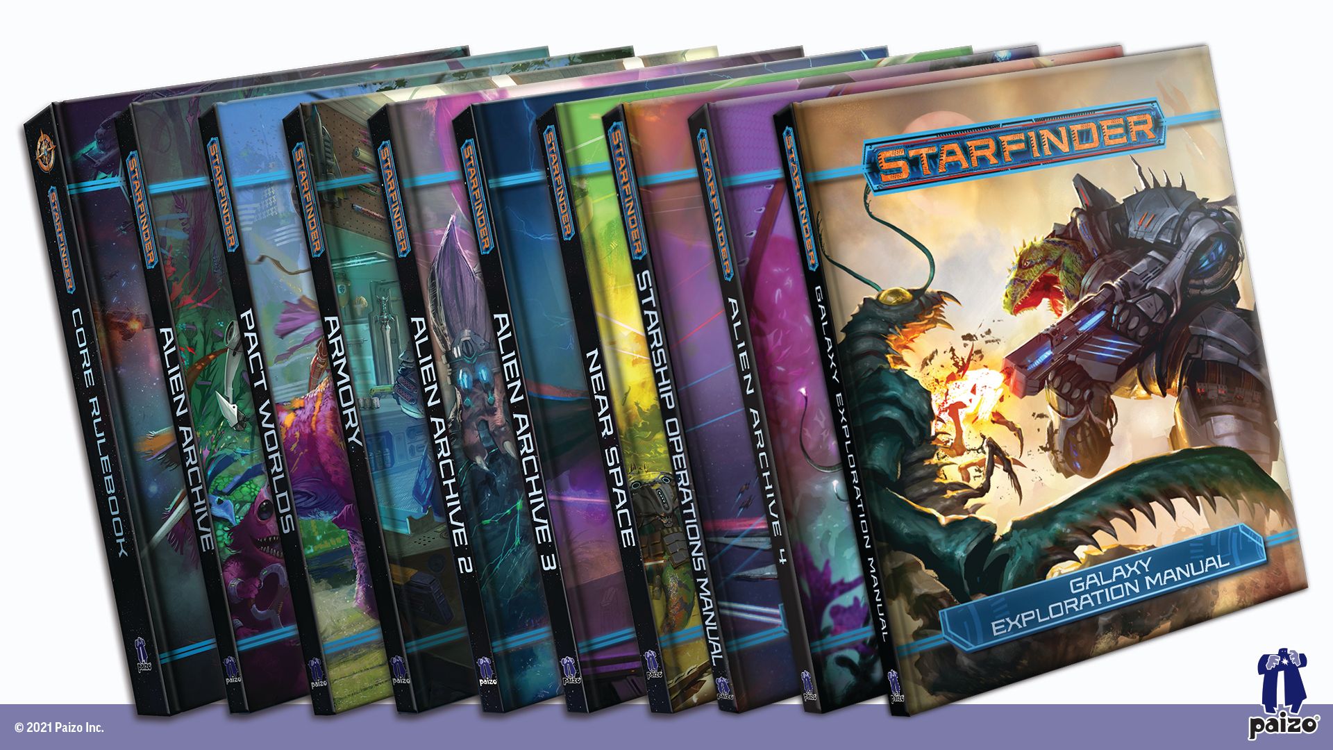 An image of all of the current starfinder rulebooks
