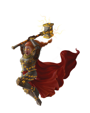 Art by Vicky Yarova: A gnome dressed in armor with glowing runes, wielding a large hammer also covered in runes