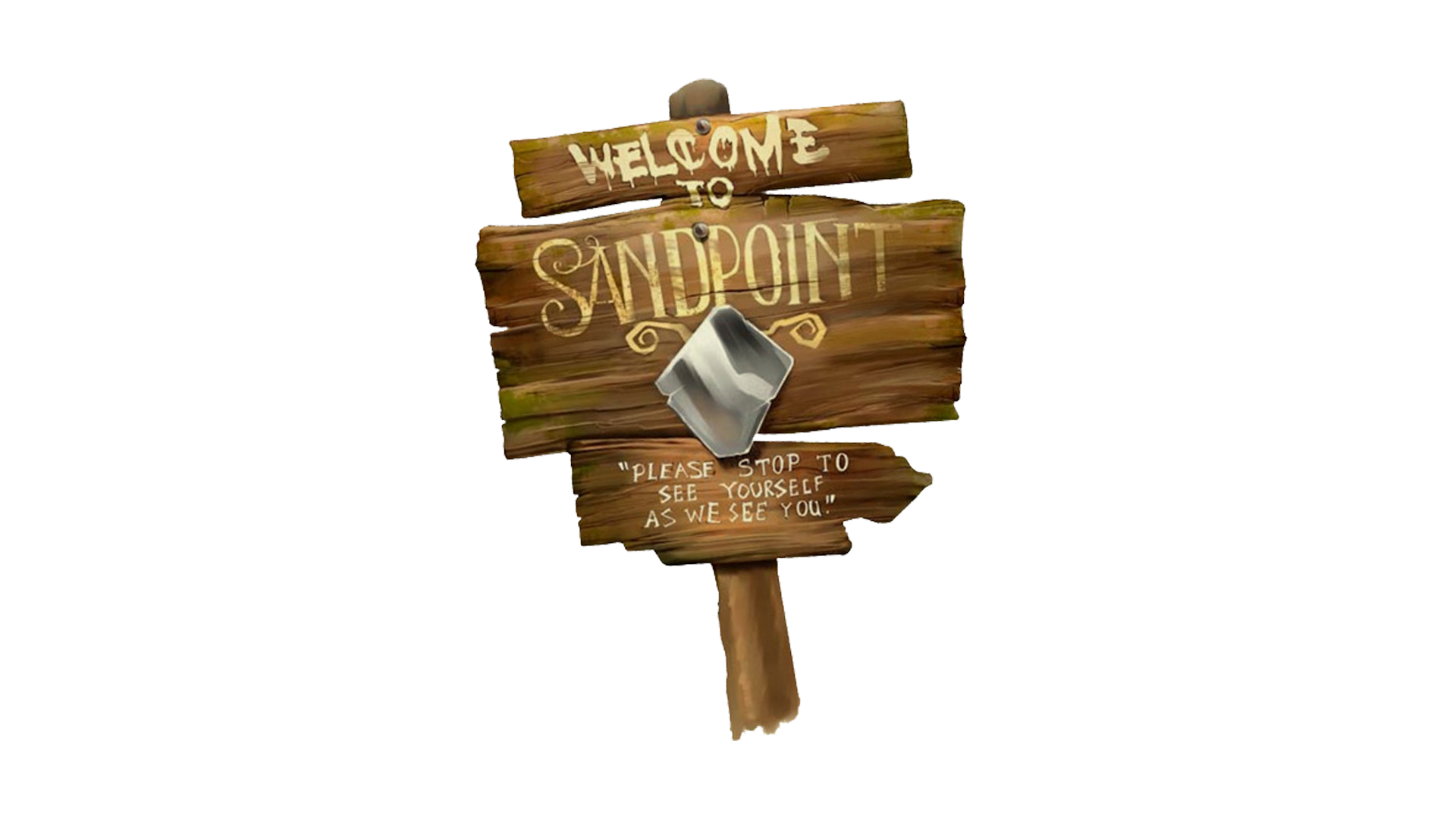 Spot art of a wooden signpost with a mirror attached to it. The sign reads: Welcome to Sandpoint. Please stop to see yourself as we see you.