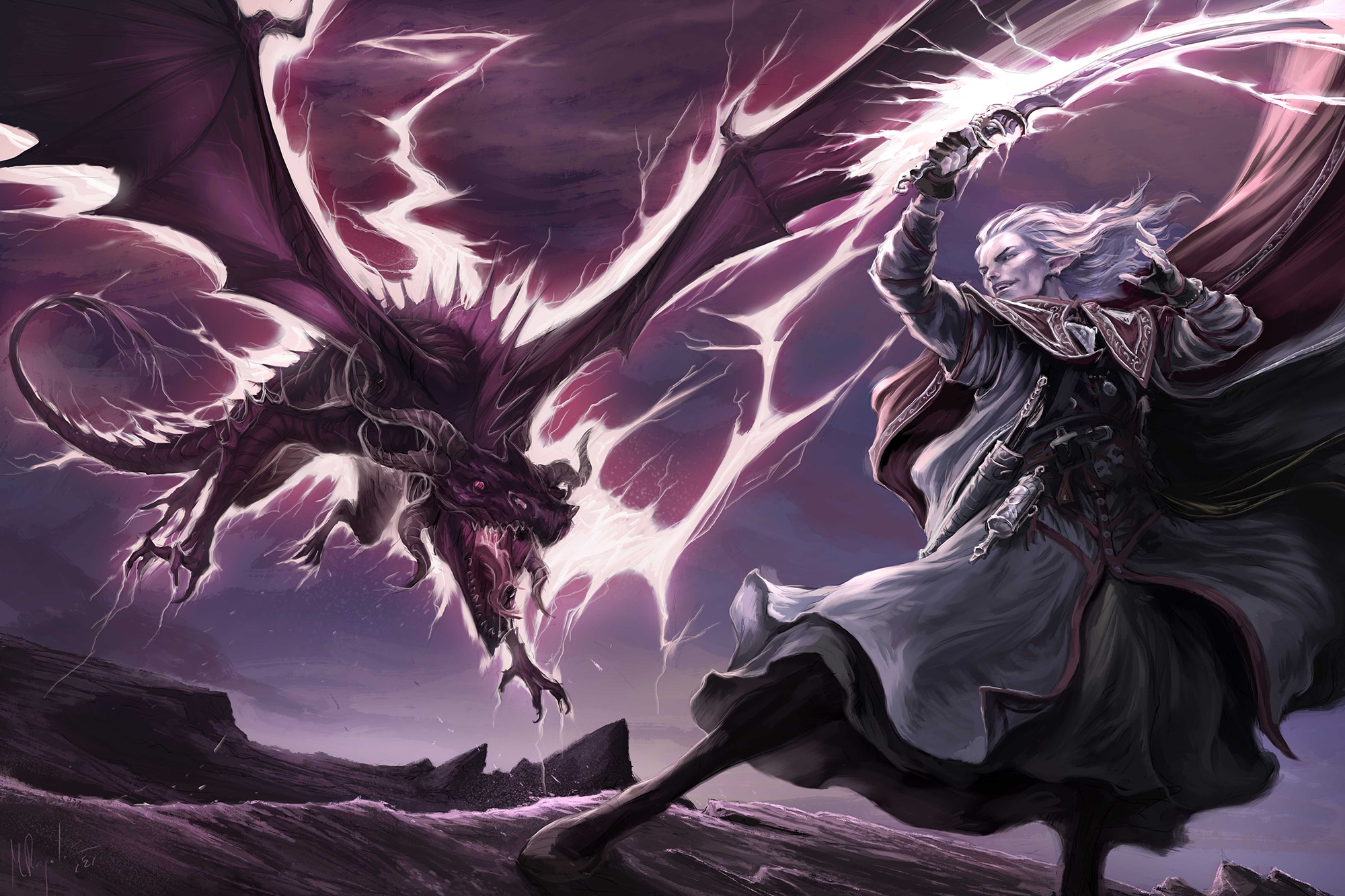 The iconic magus, Seltyiel, draws lightning bolts from the sky into his sword, channeling the electricity into a large black dragon that’s flying toward him to attack. 