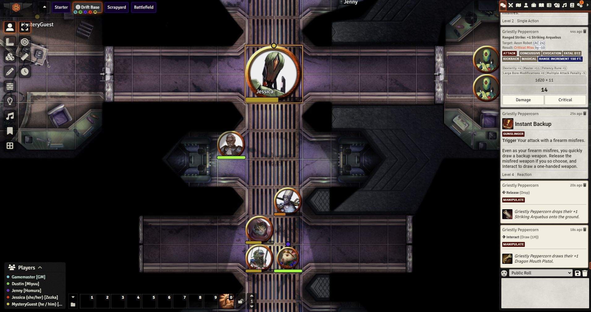Top down view of virtual tabletop online map featuring an interior walkway