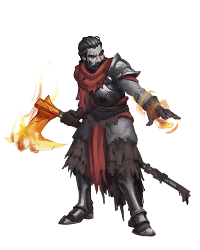 Yollen Frivetti, artist Zach Causey: A pale skinned, dark-haired bearded man in weathered armor holds a wicked axe at the ready as he prepares to channel offensive magic through it.