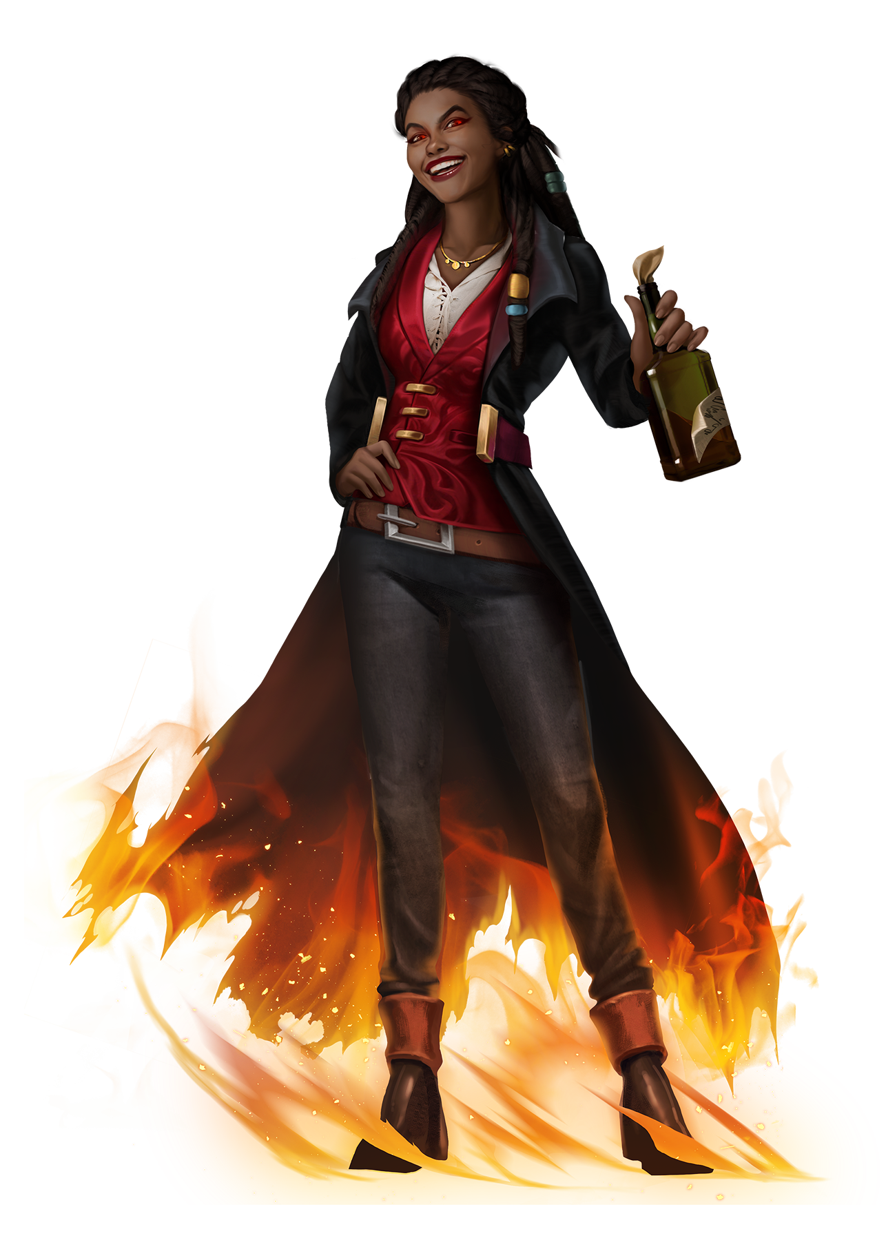 A dark skin woman, dressed in a long, black, flaming coat, holding a Molotov cocktail